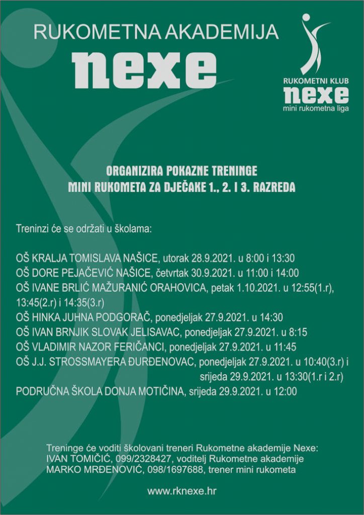 Rukometna akademija NEXE organizira pokazne treninge mini rukometa za dječake 1., 2. i 3. razreda